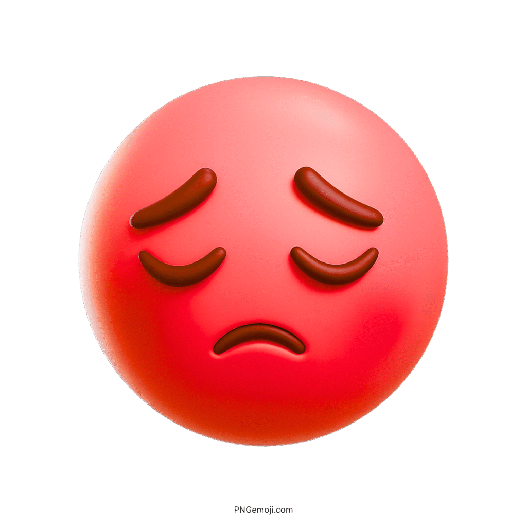 3D sad red emoji face with frown and curved eyebrows, transparent background