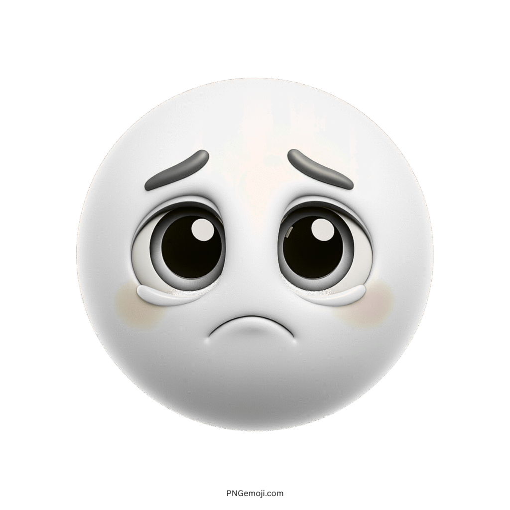 3D white sad emoji with teary eyes and downturned mouth expression