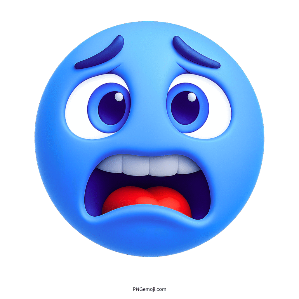 Scared blue emoji face with wide eyes, raised eyebrows and open mouth.