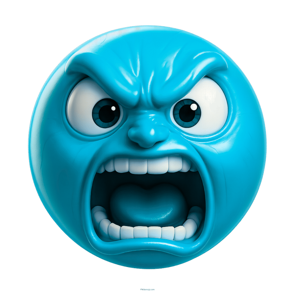 3D blue emoji with furious expression, wide open mouth, gritted teeth, and angry eyes