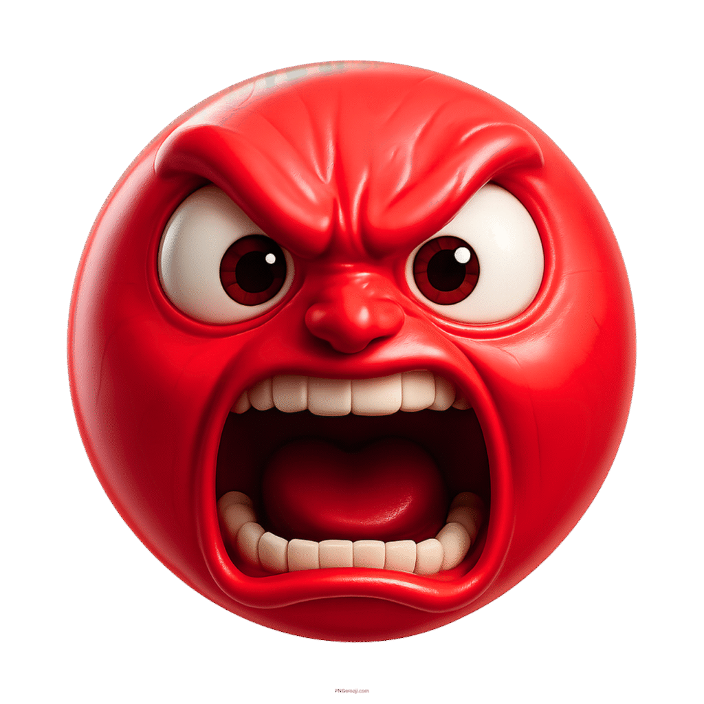 3D red emoji showing extreme rage with wide mouth, gritted teeth, and angry eyes