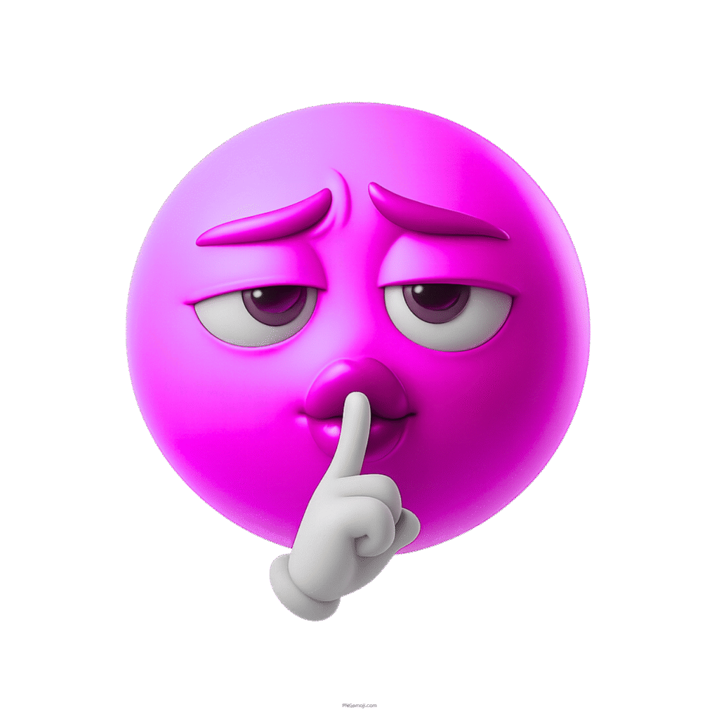3D purple emoji holding finger to lips in hush mewing expression
