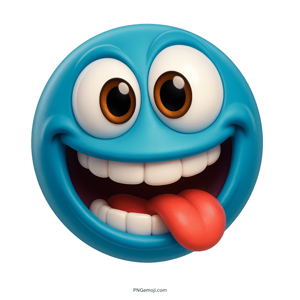 3D blue emoji with big eyes, teeth, and tongue playfully sticking out