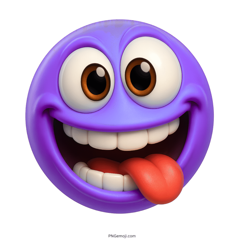 Funny 3D purple emoji with big eyes and red tongue sticking out