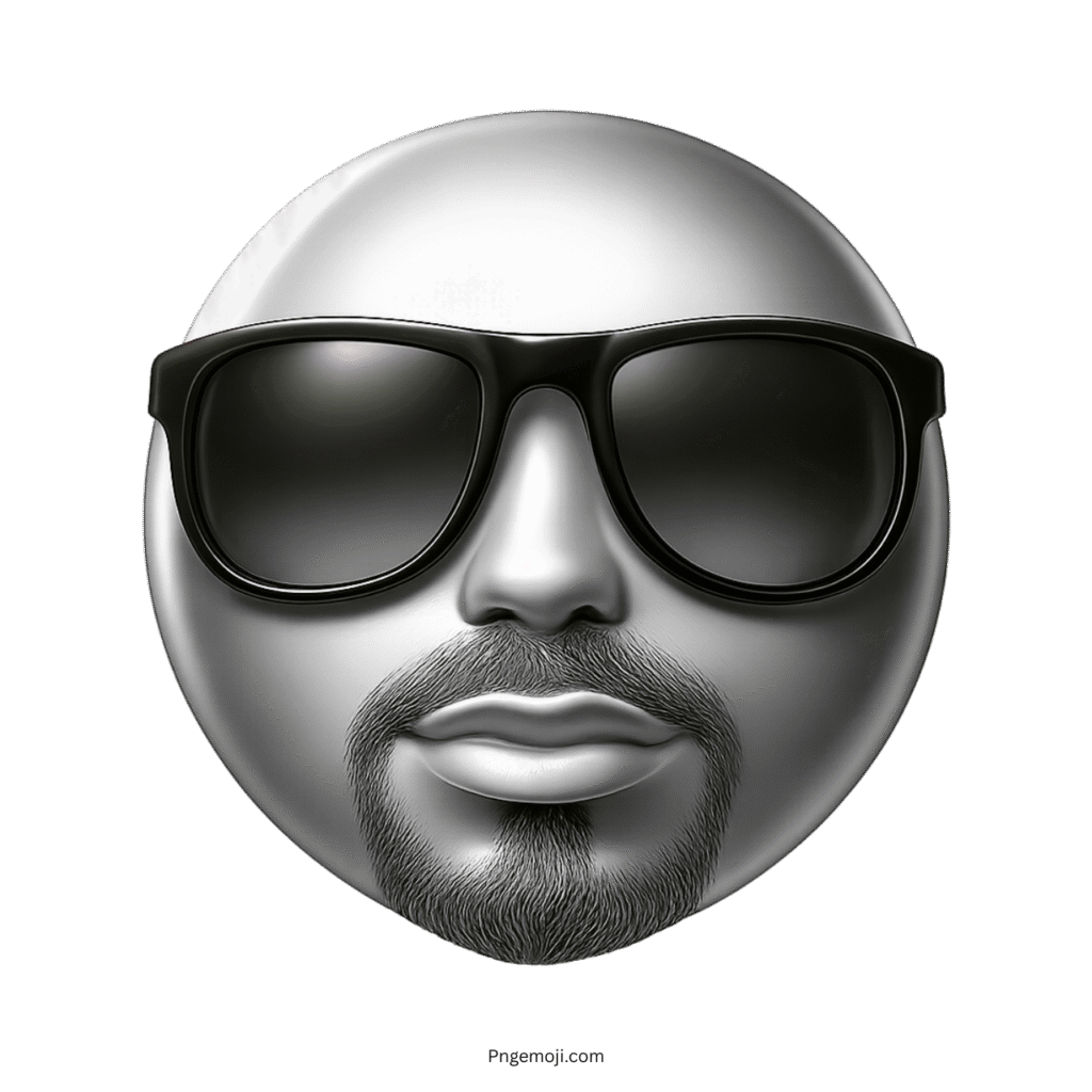 Glossy silver emoji face with beard wearing black sunglasses in bold 3D design