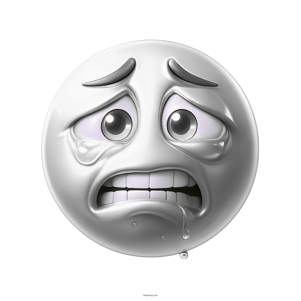 Silver weary face emoji showing sadness, anxiety, teary eyes, and nervous expression