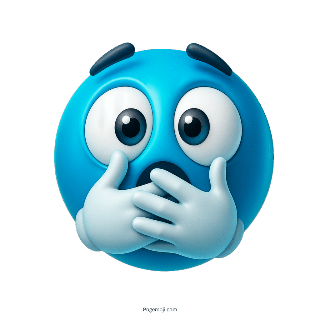 Sky blue emoji face with big eyes and hands covering mouth in panic