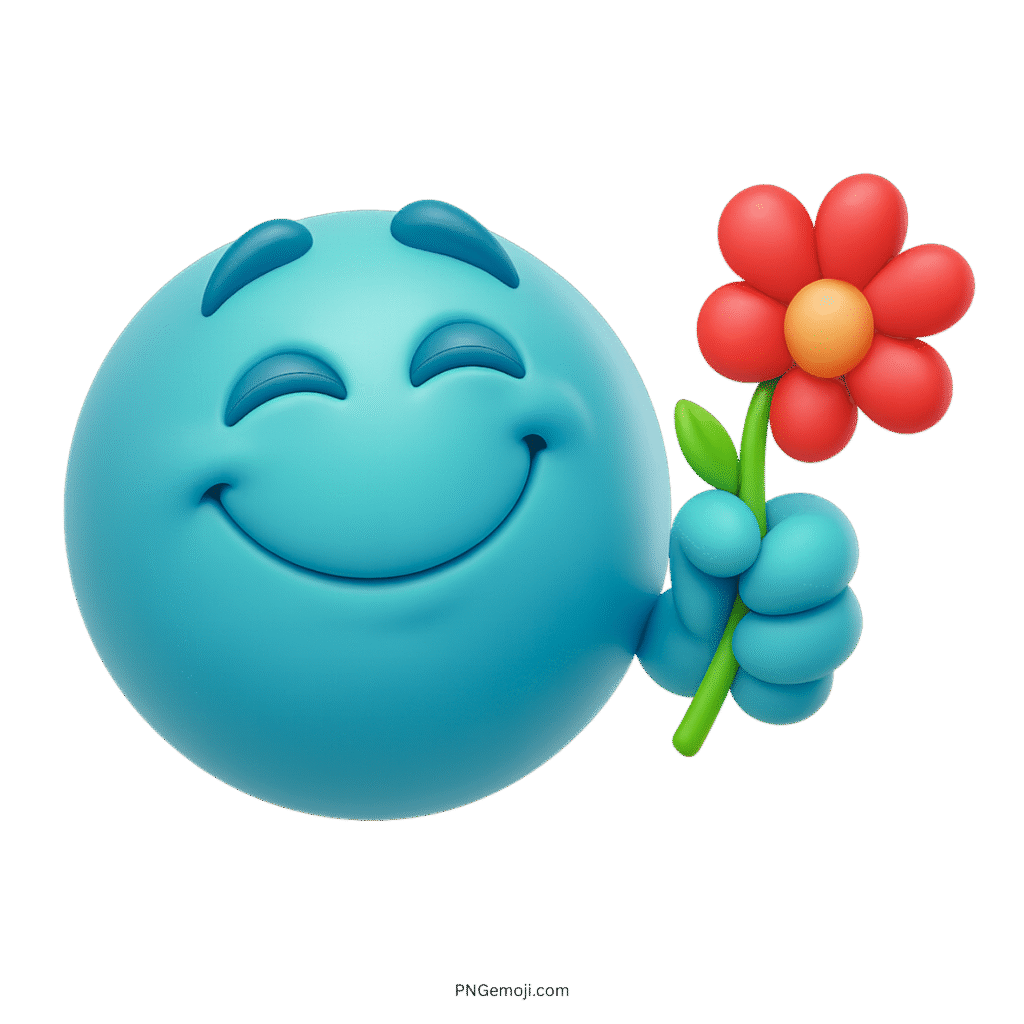 Blue 3D emoji smiling while holding a bright red daisy flower happily