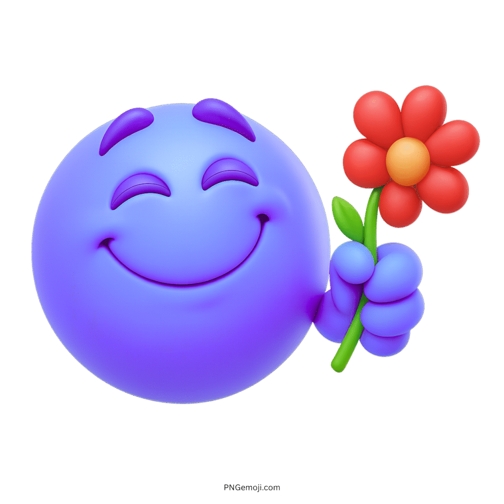 Blue-violet emoji smiling gently while offering a red flower with closed eyes.