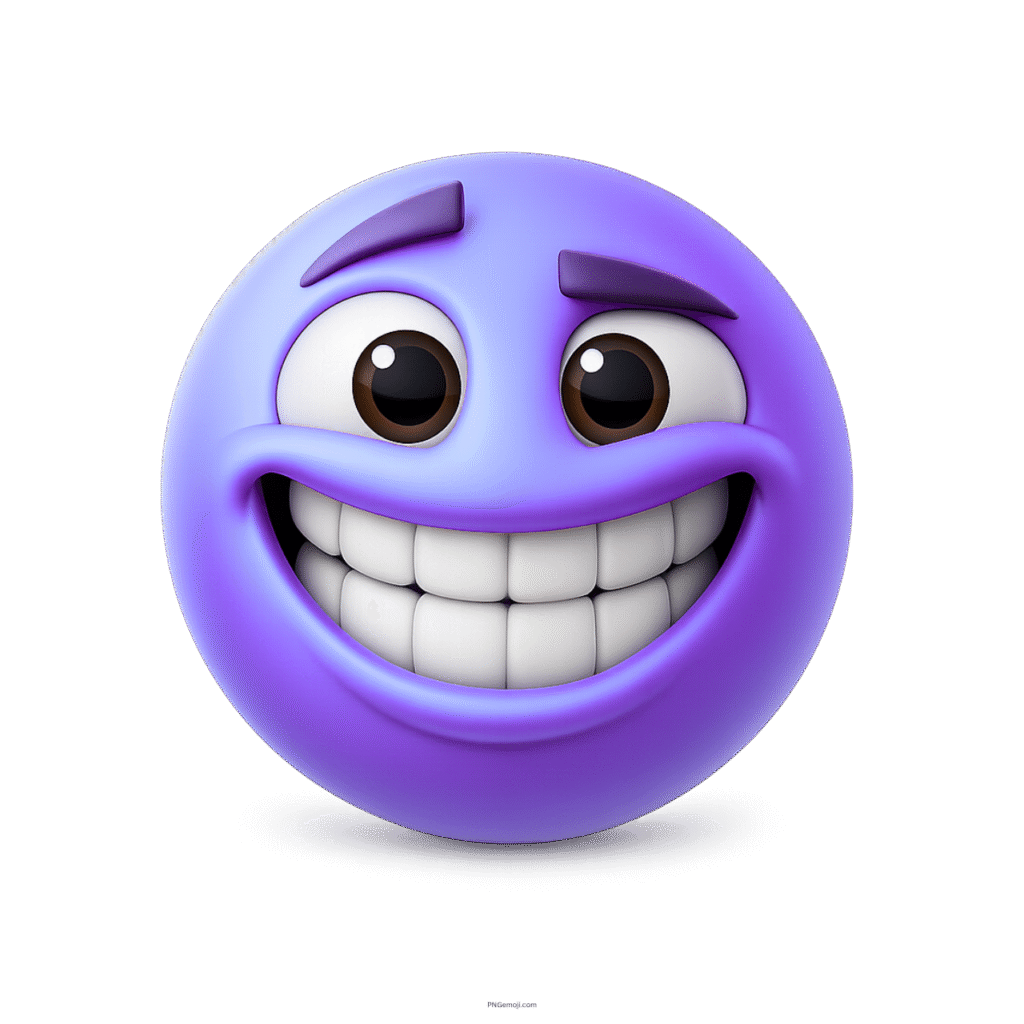 3D purple emoji face with wide happy grin and raised eyebrows