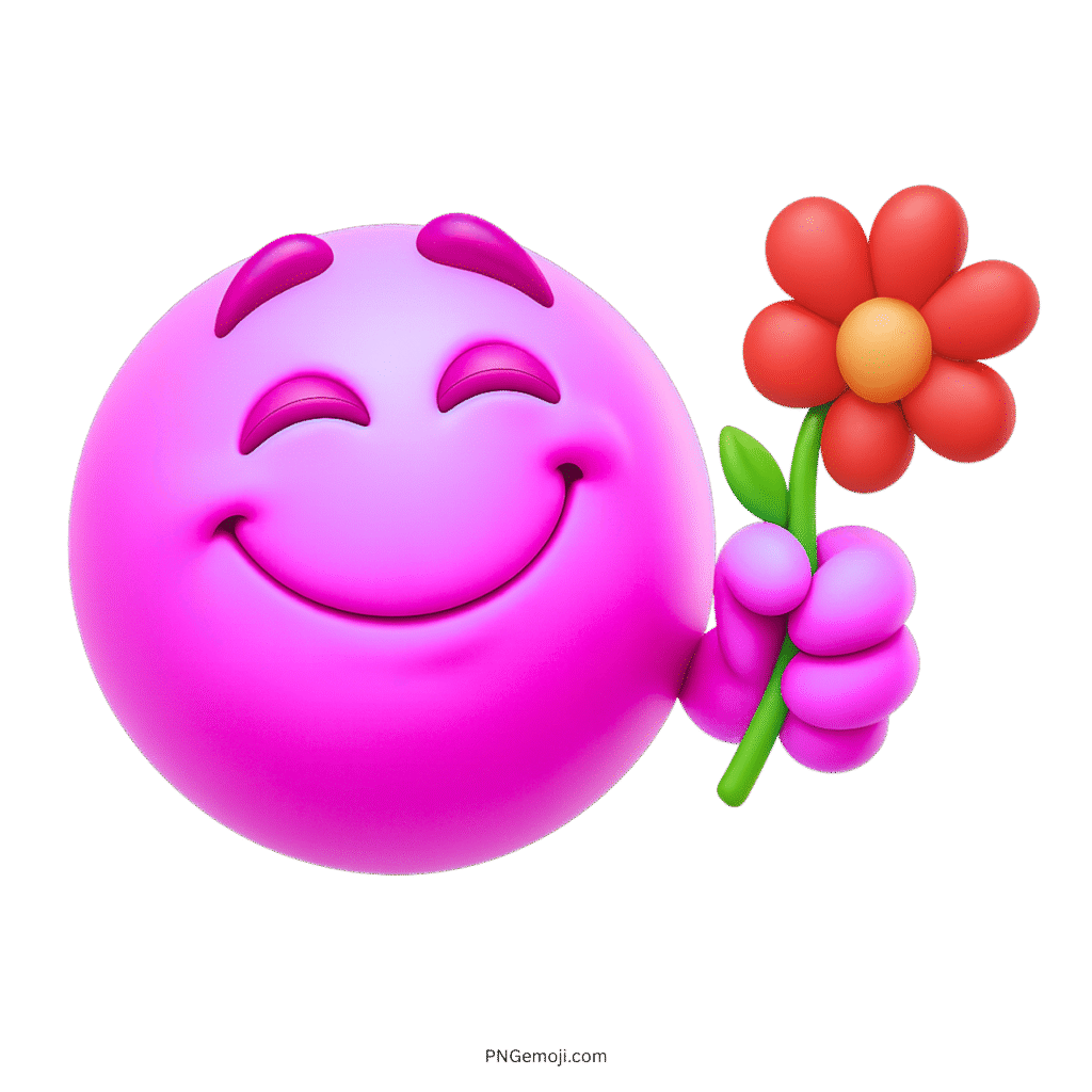 Purple emoji smiling brightly while holding a red flower in a cheerful pose.