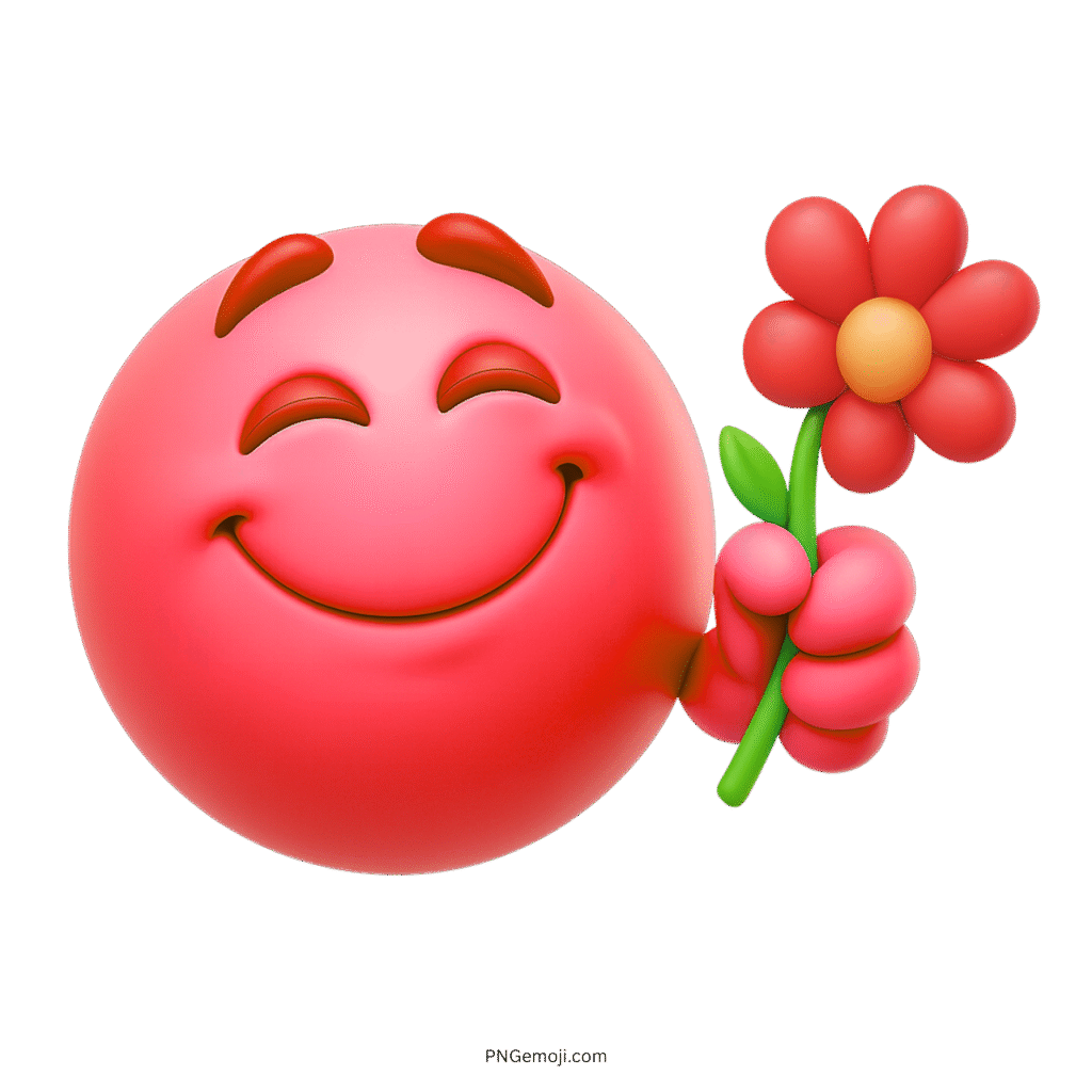 Red smiling emoji face offering a flower with a sweet and loving gesture.