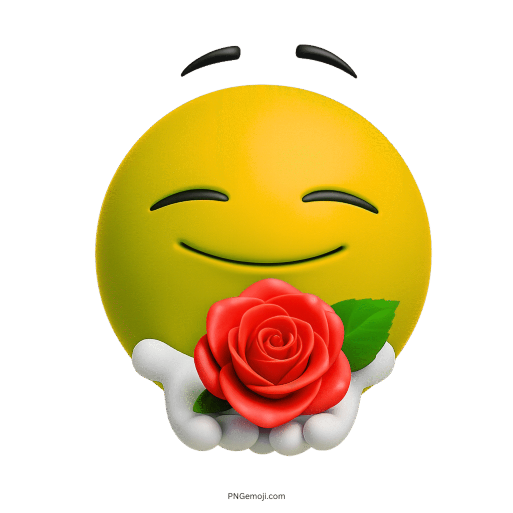 3D yellow emoji smiling while offering a beautiful red rose flower