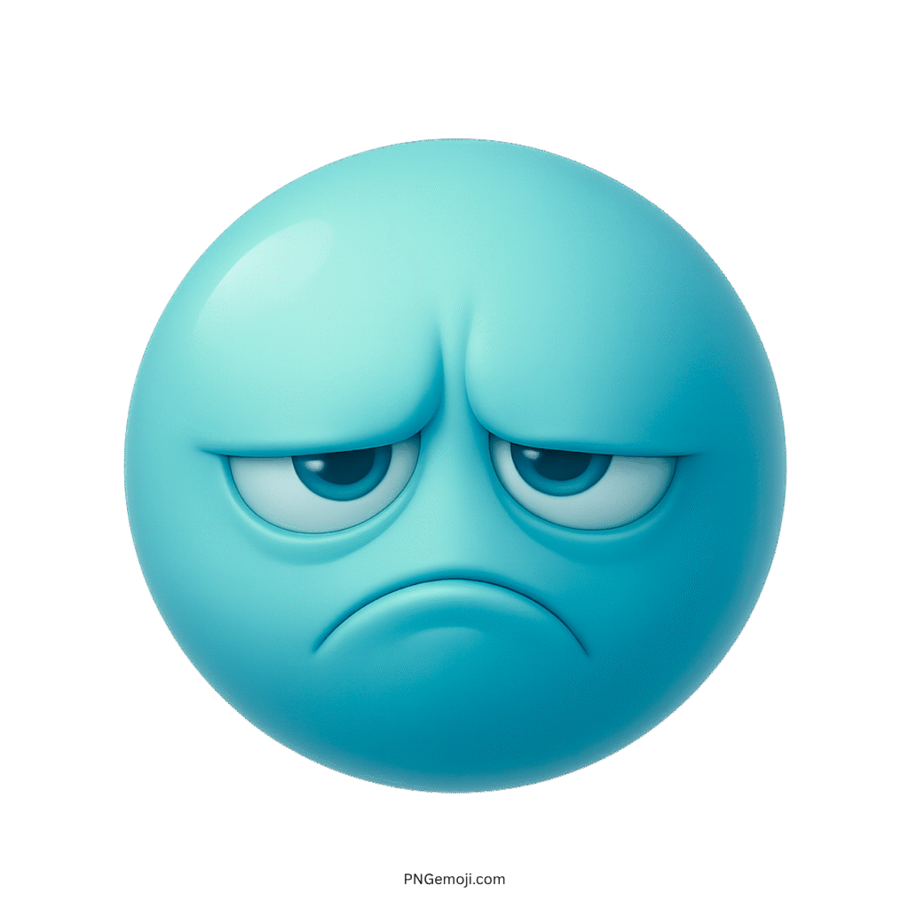 3D aqua blue sour emoji with tired sleepy eyes and frowning face transparent PNG