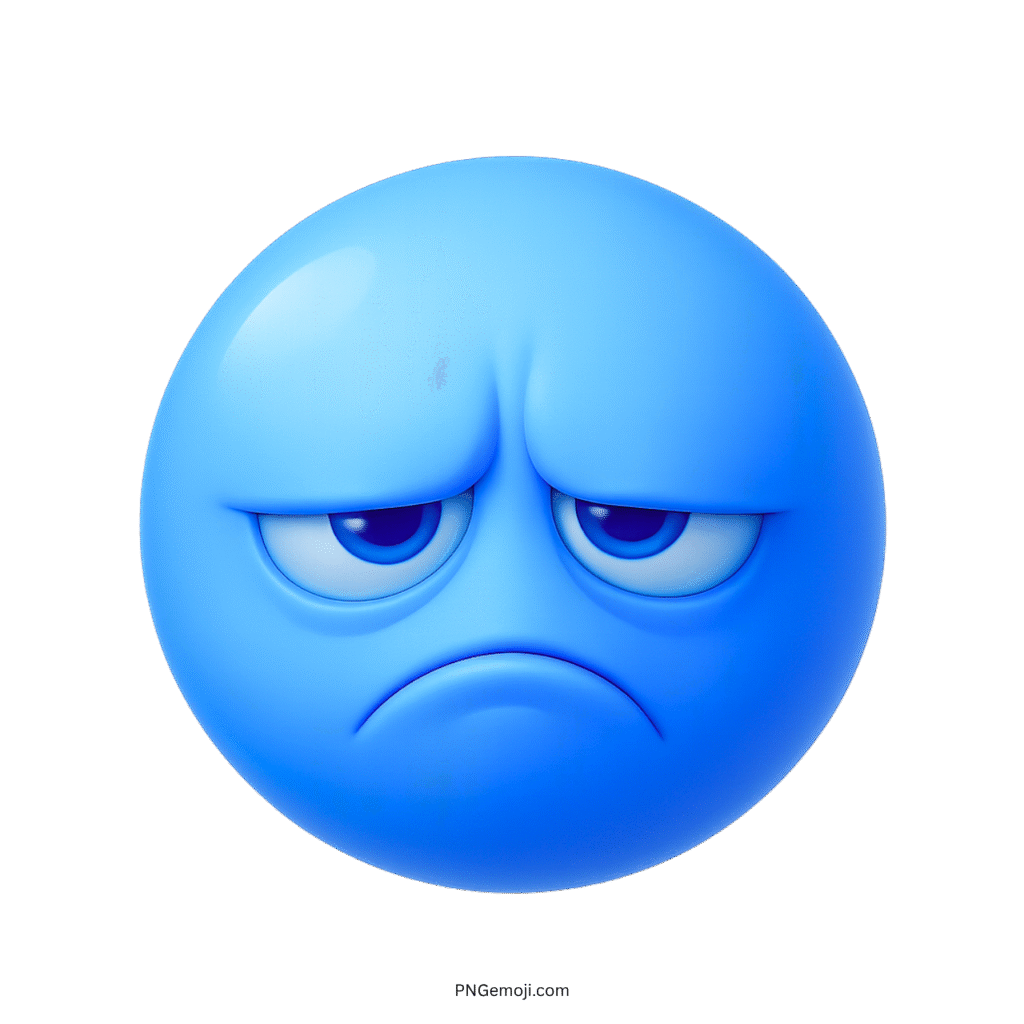 3D sour blue emoji with a sad frown and droopy eyes on transparent