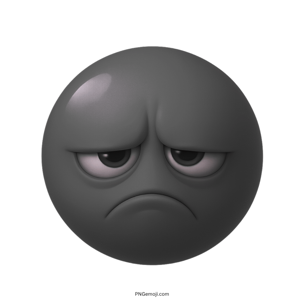 3D gray sour emoji face with a frown and dull eyes on transparent 
