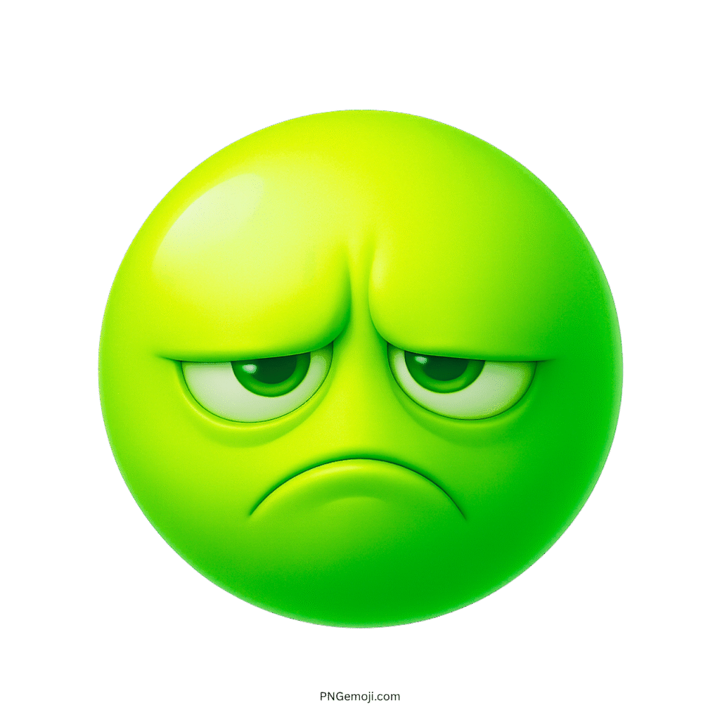 3D green sour emoji face with tired eyes and frown on transparent 