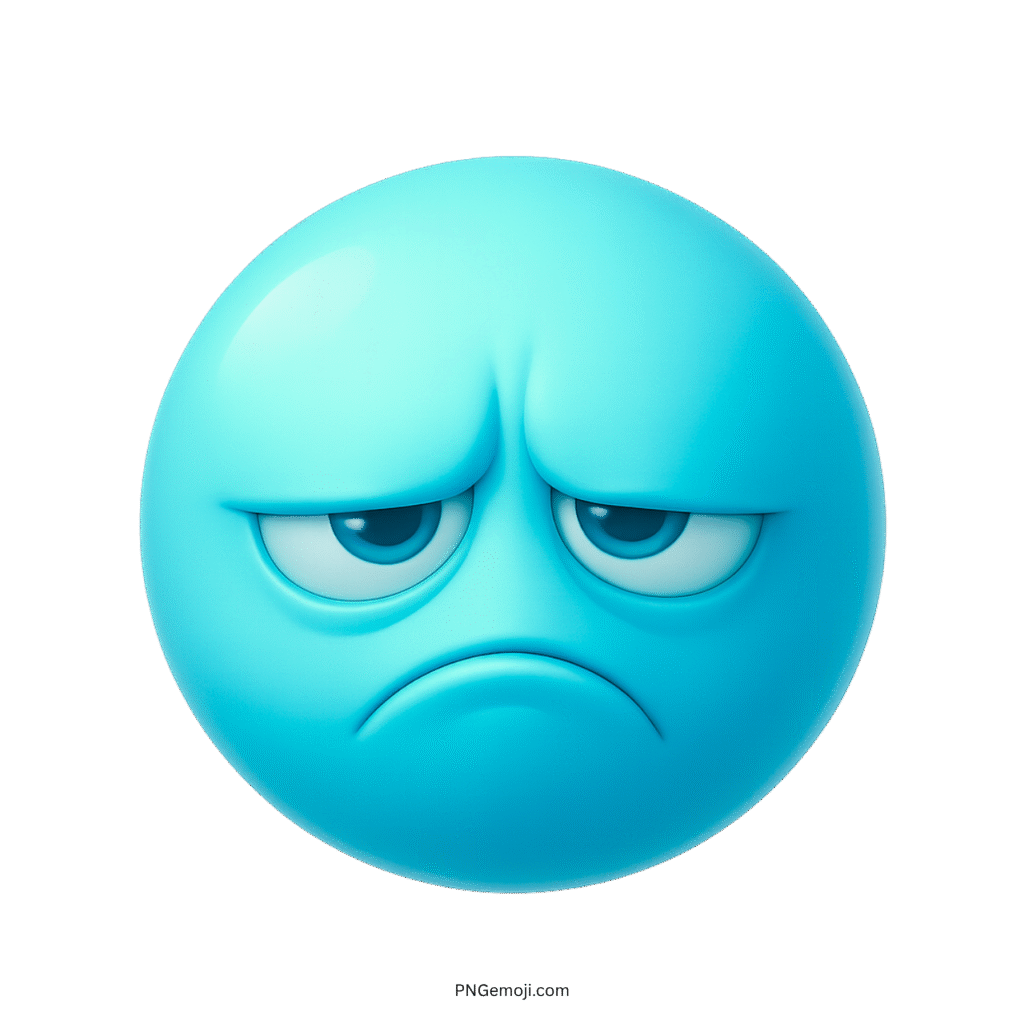 3D light blue sour emoji with sad frown and tired eyes on transparent