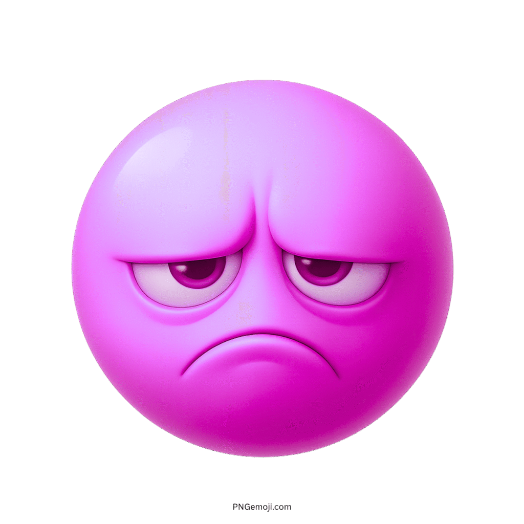 3D pink sour emoji with tired eyes and downturned mouth on transparent