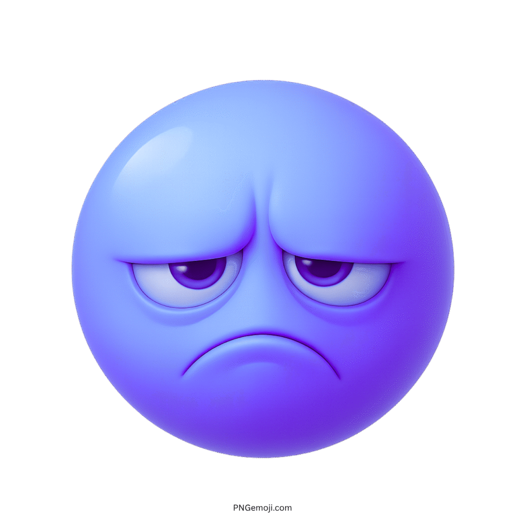 3D purple sour emoji with dull eyes and frowning face on transparent background