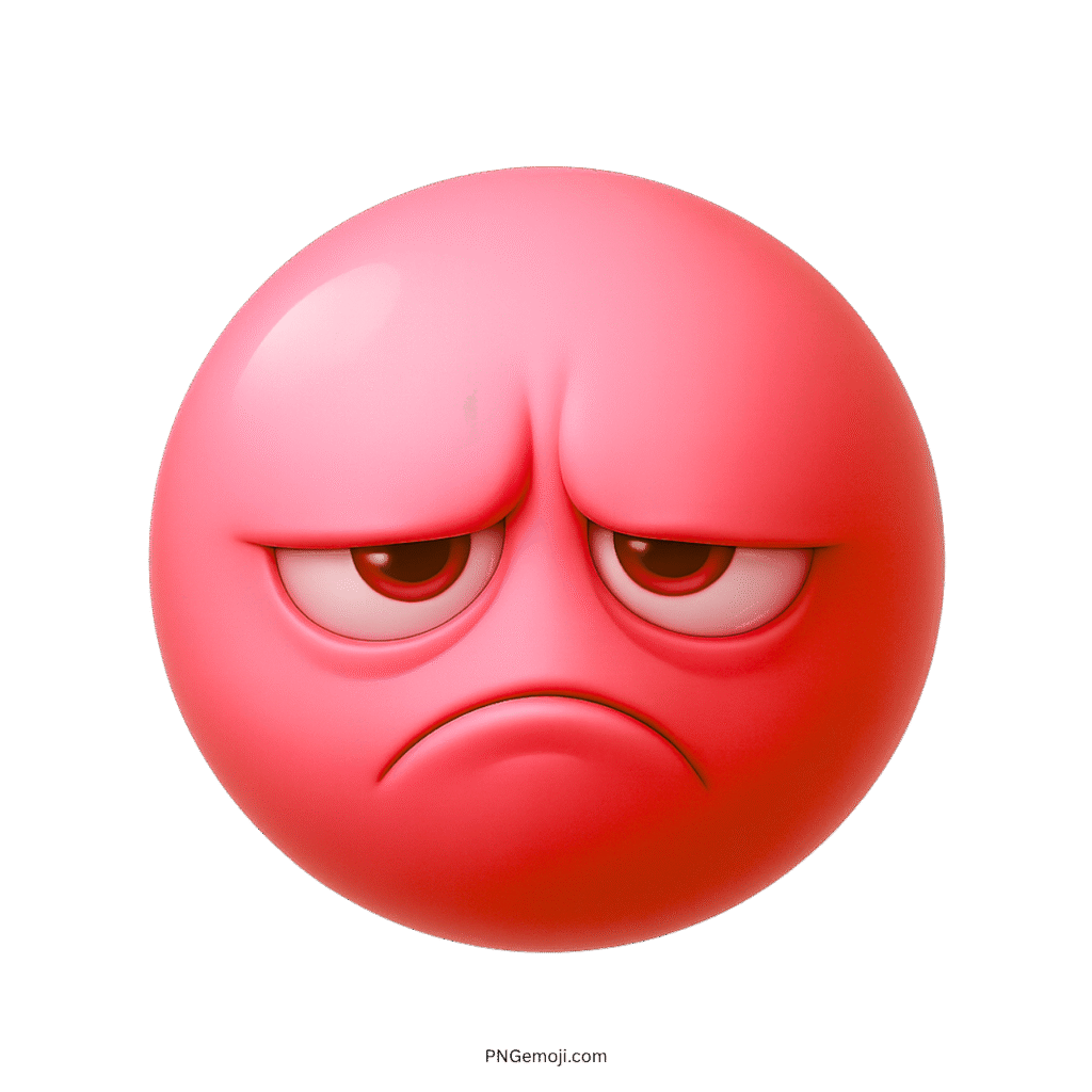 3D red sour emoji with droopy eyes and frowning face on transparent