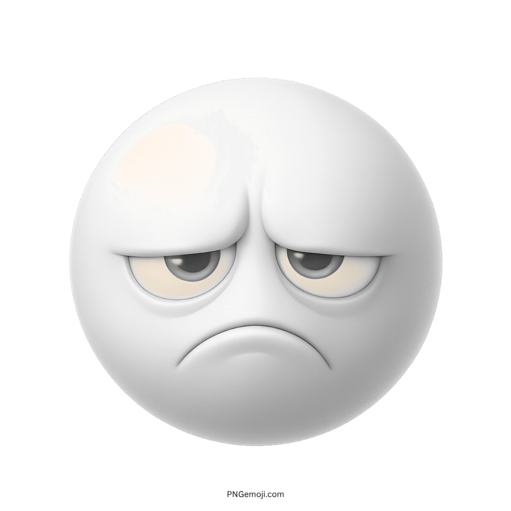 3D white sour emoji with emotionless droopy eyes and frowning mouth on transparent background