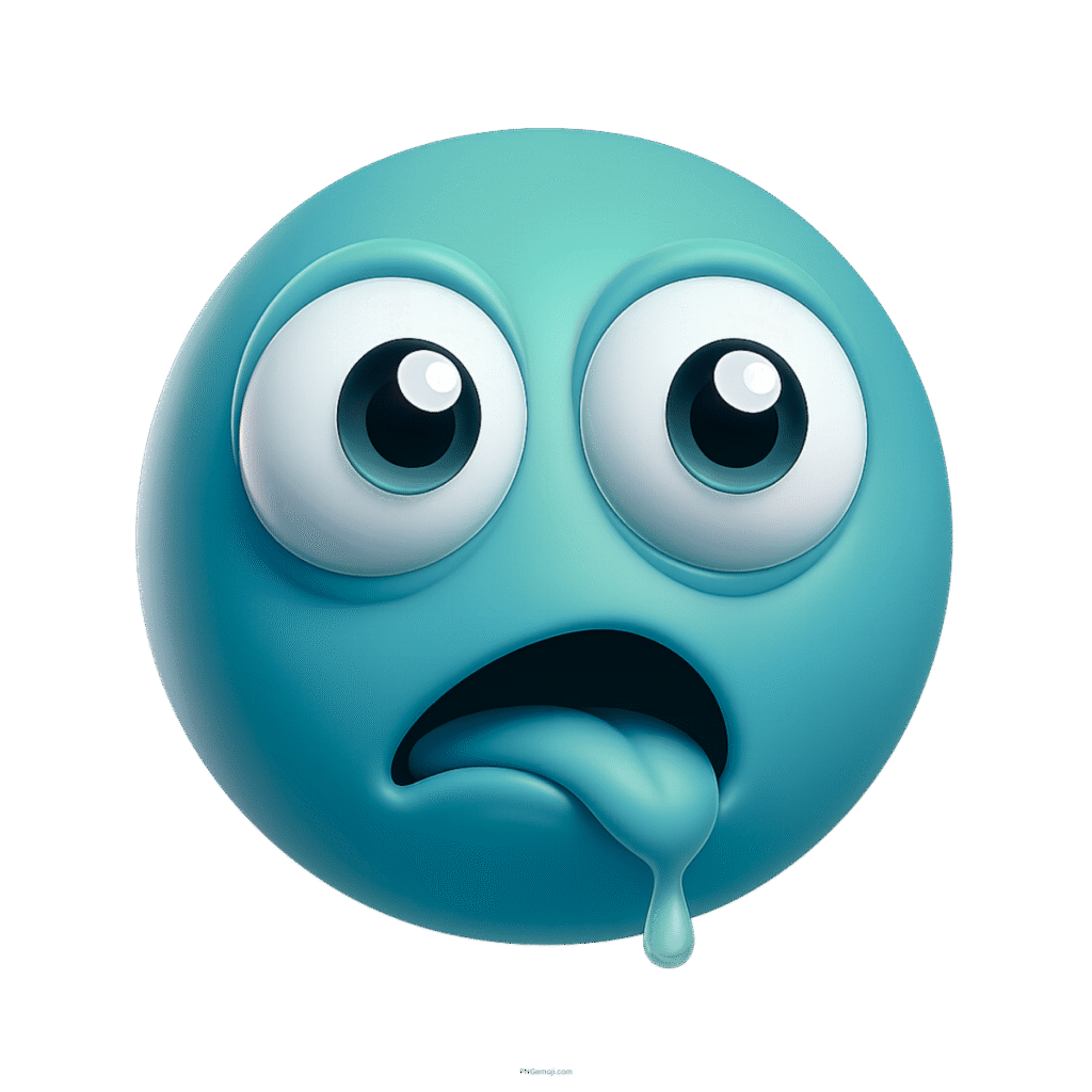 Teal 3D emoji face with bulging eyes, tongue out, and drooling expression
