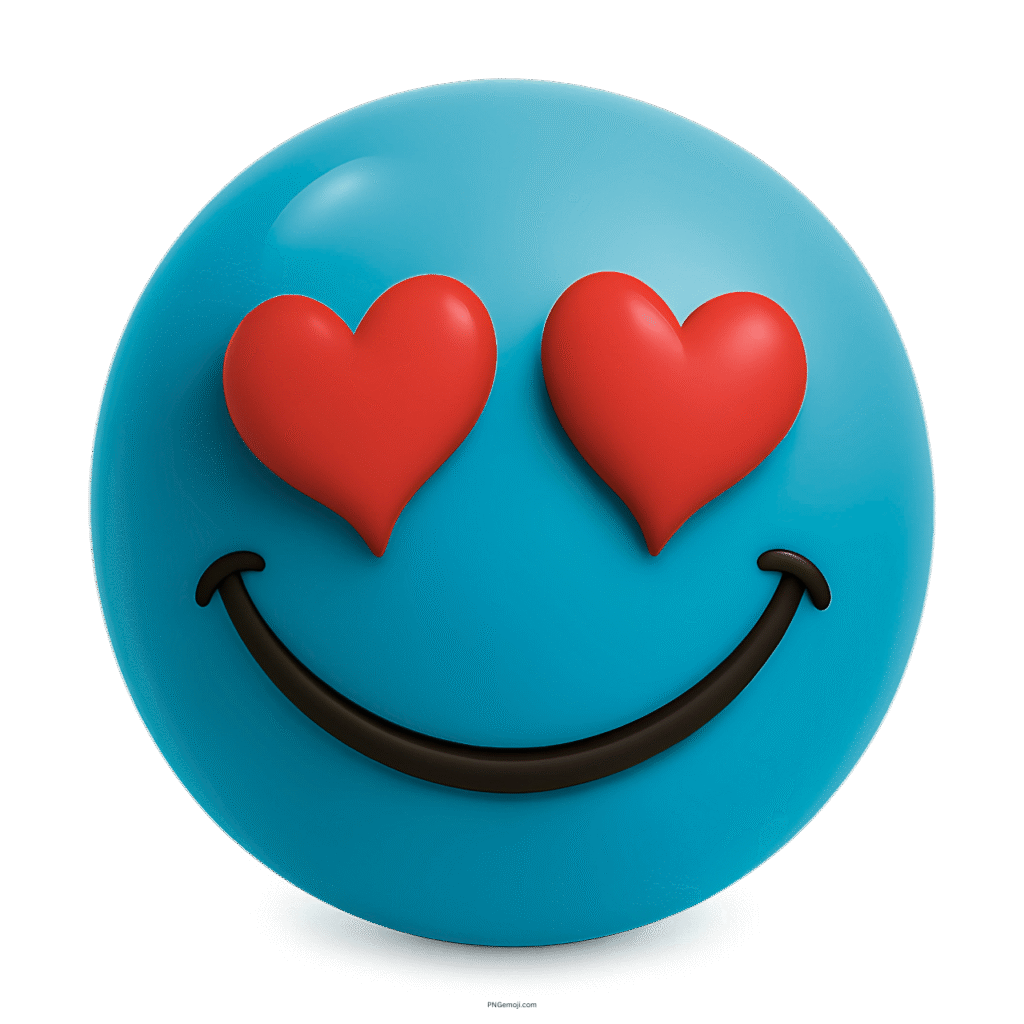 3D teal blue emoji with red heart eyes and a wide black smile