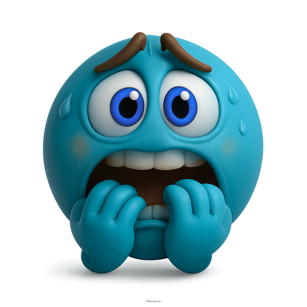 Teal blue scared emoji with sweat drops nervously biting nails in 3D