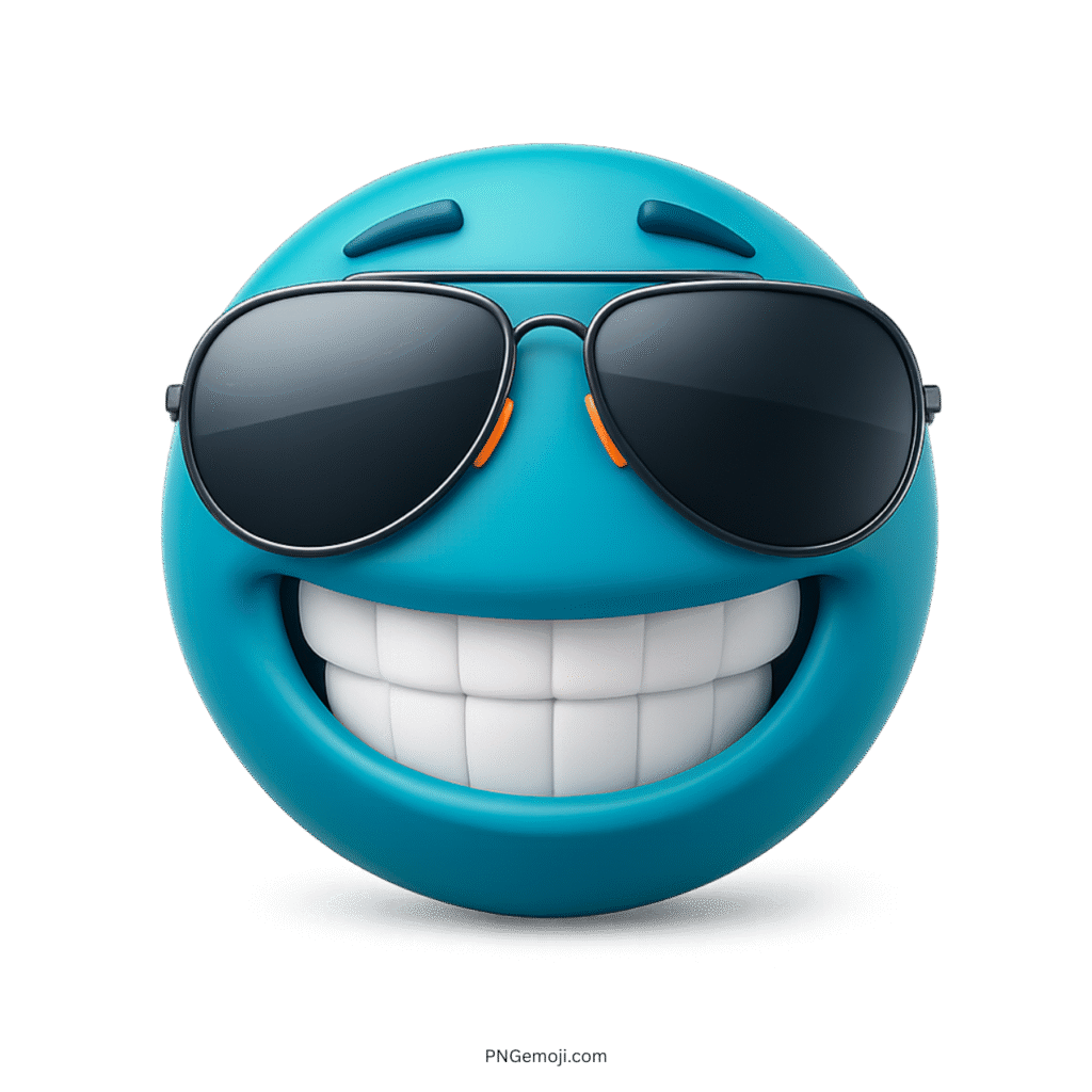 Teal blue smiling emoji with sunglasses showing playful and confident 3D emotion