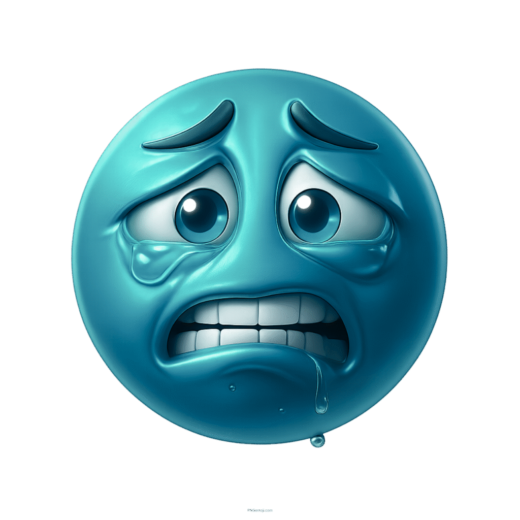 Teal blue 3D weary face emoji showing stress, tears, drooling, and clenched teeth