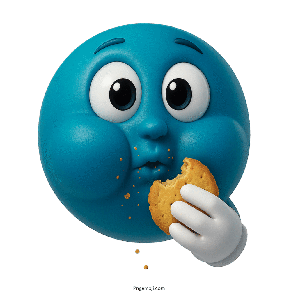 Teal emoji with stuffed cheeks holding cookie and looking adorably guilty