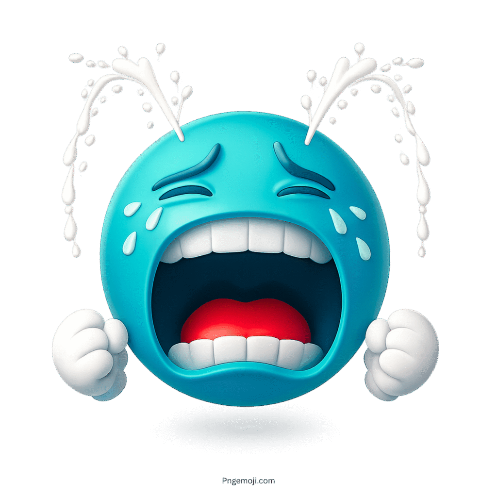 Teal 3D emoji crying with clenched fists and fountain-like water streams from eyes