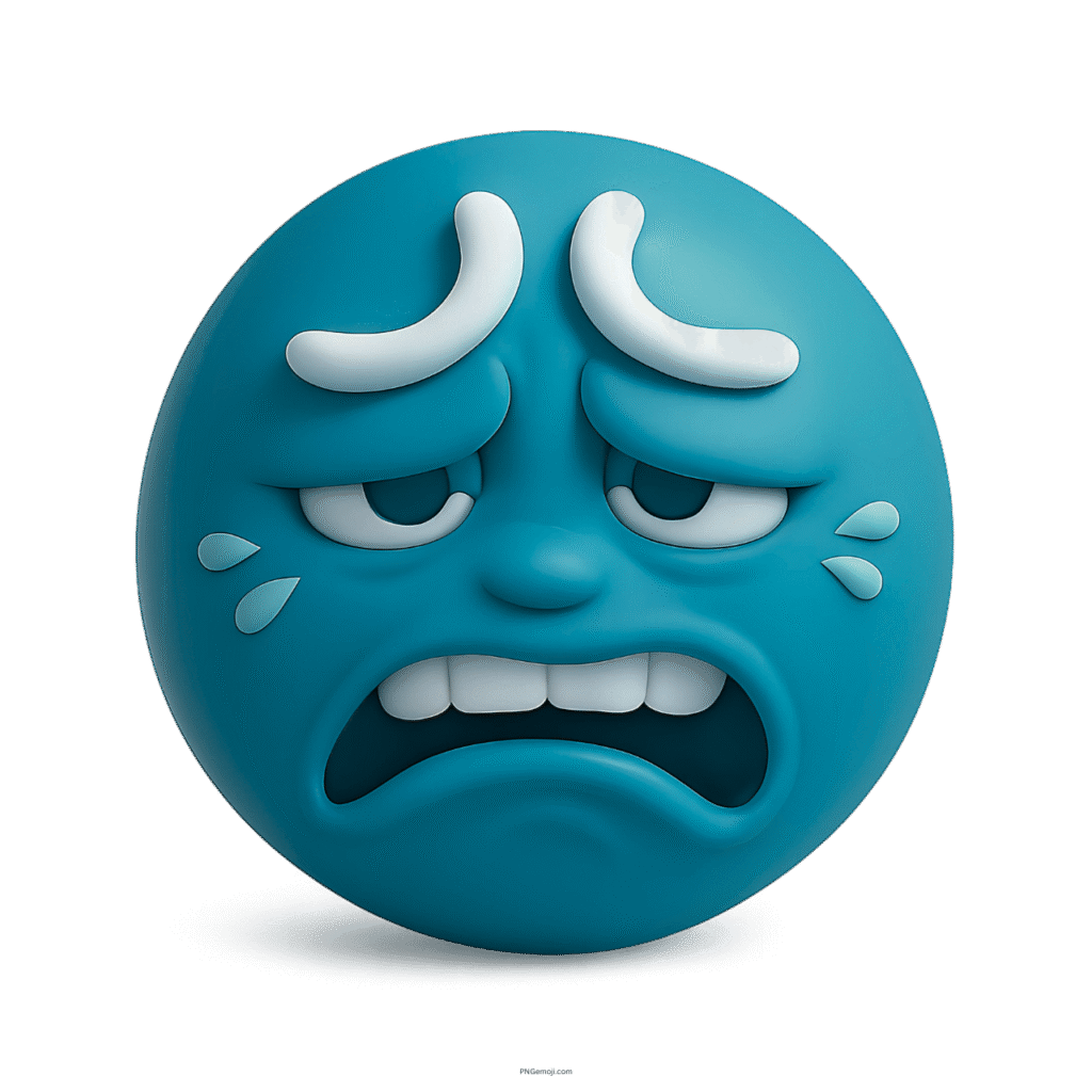 Teal blue 3D emoji showing eww face, disgusted expression, and sweat droplets