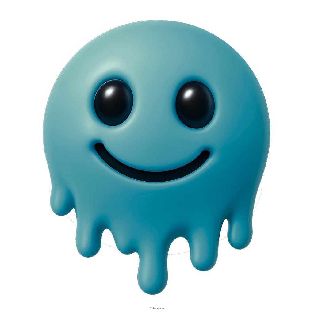 3D teal melting smiley face emoji with glossy finish and cheerful black-eyed expression