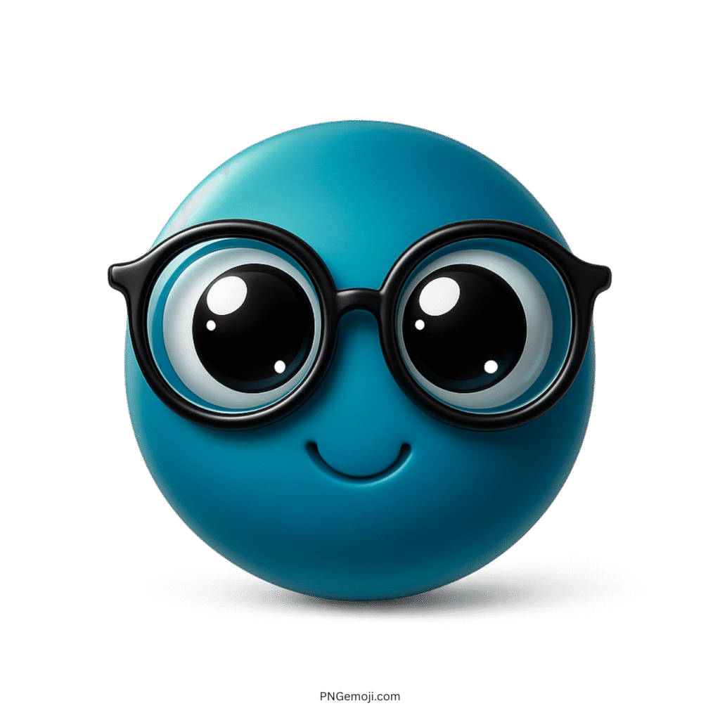 Teal blue emoji face with nerd glasses and shiny large cartoon-style eyes