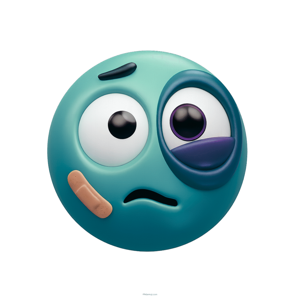 Teal emoji with black eye and bandage, showing cartoon hurt face expression