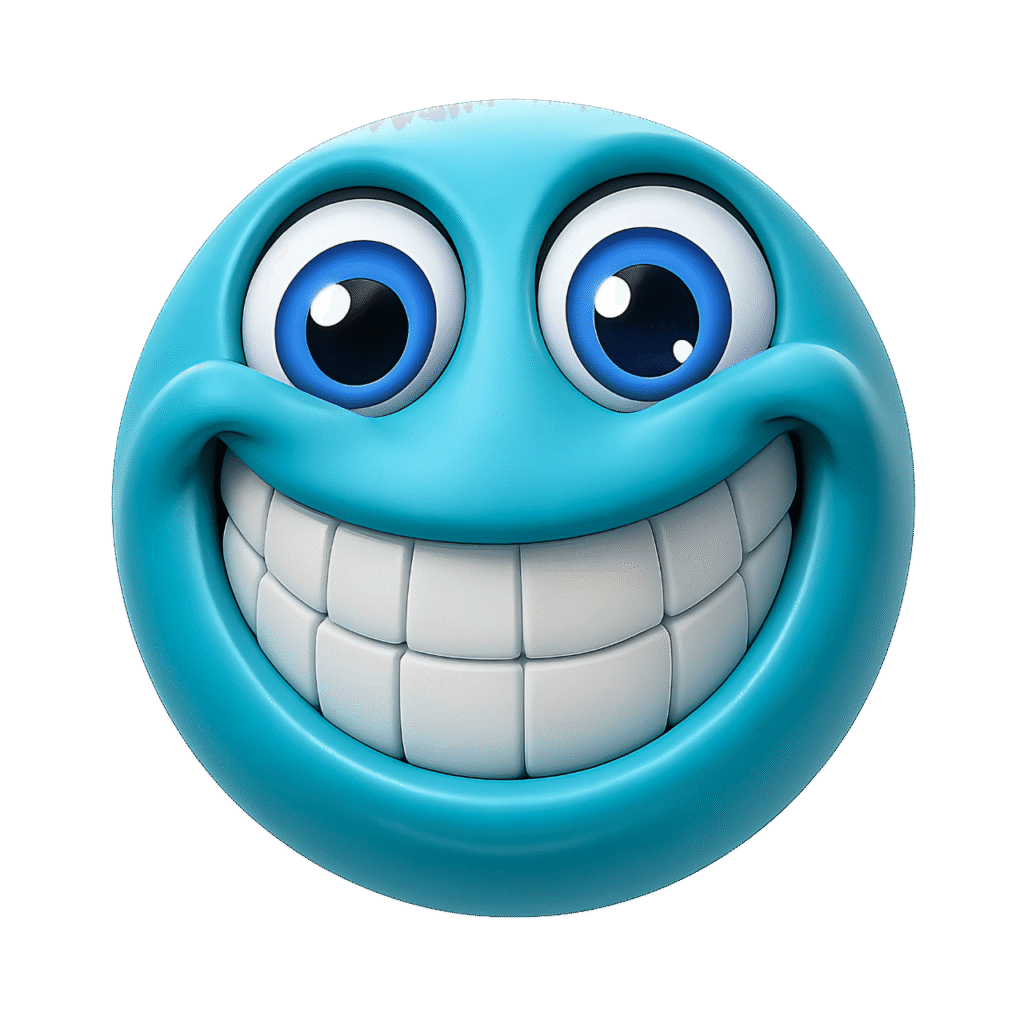 Teal smiley emoji with large white teeth and big blue cartoon eyes