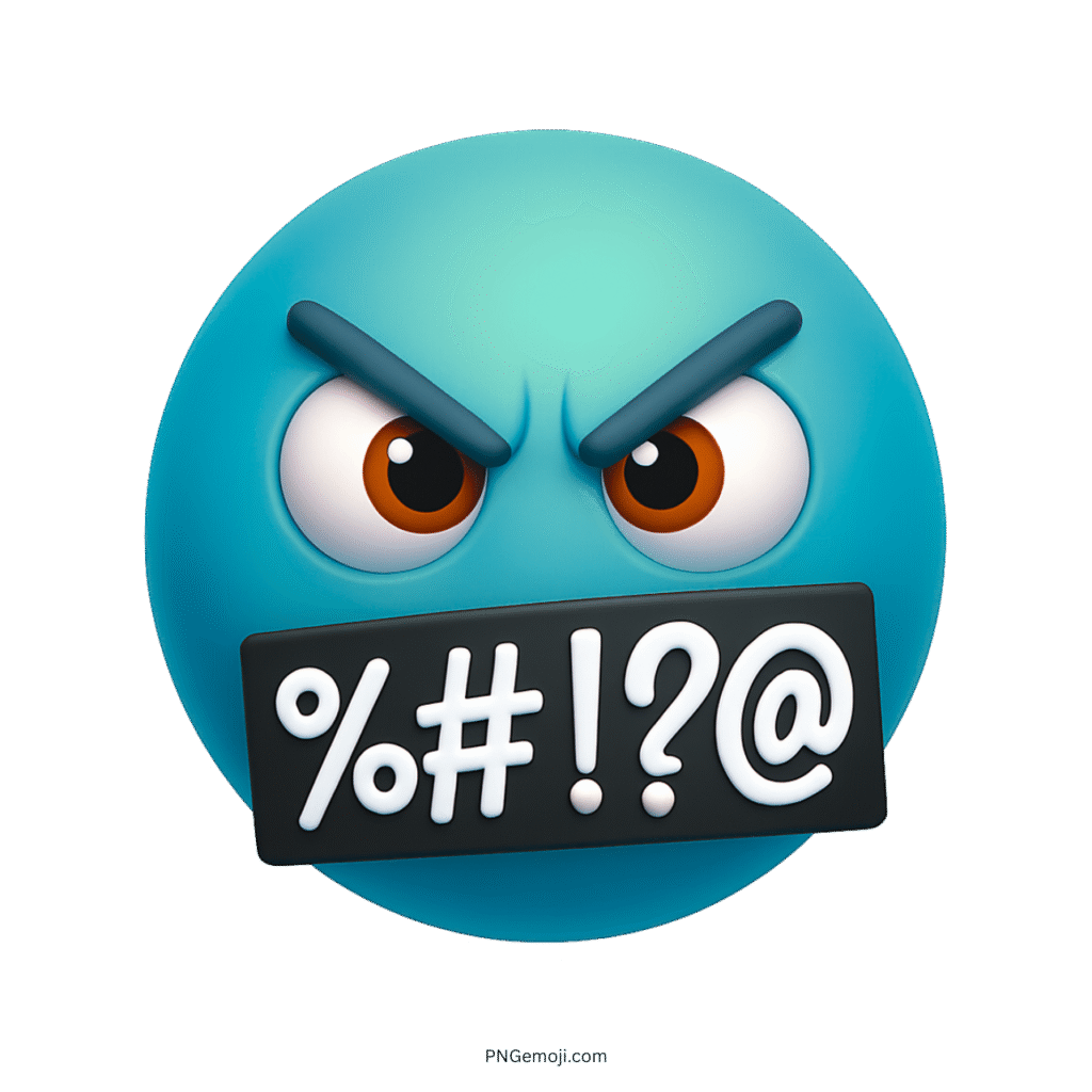Teal angry emoji with censored speech symbols and intense facial expression