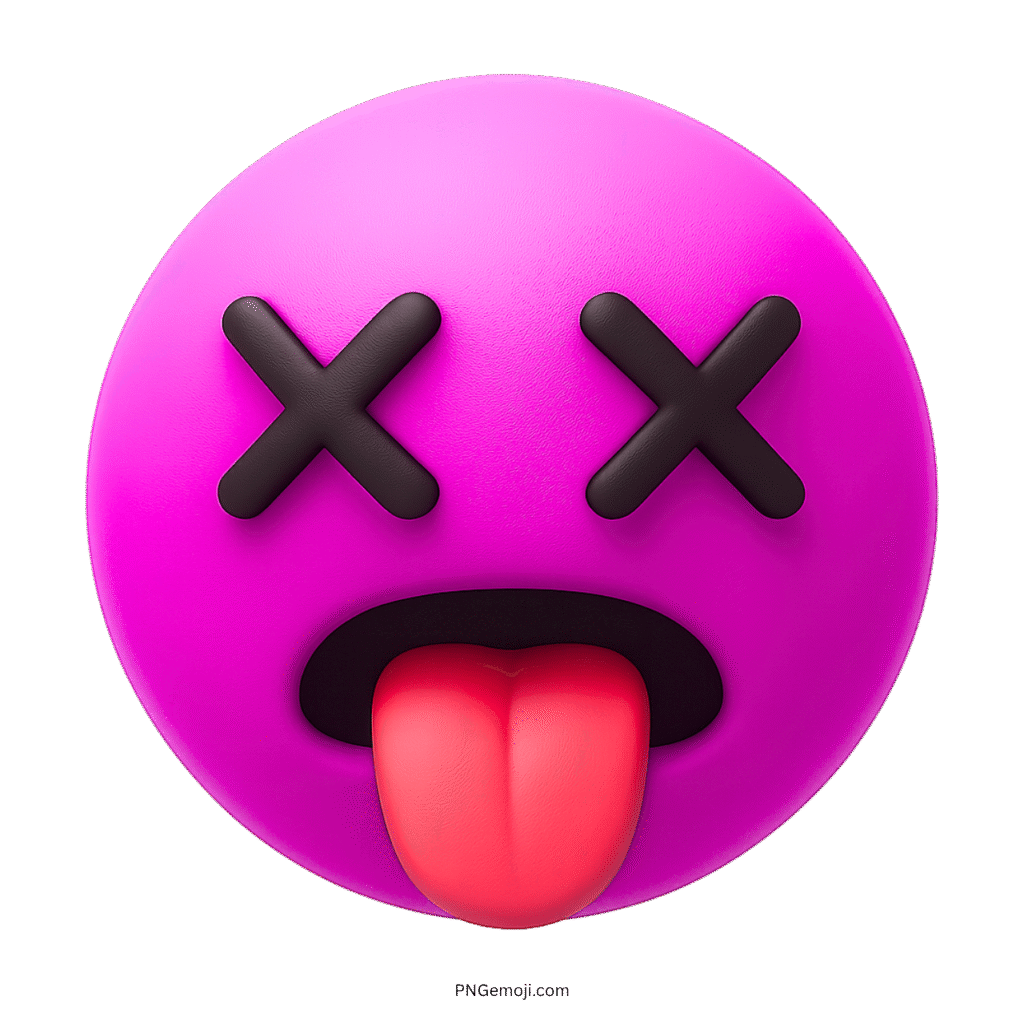 3D tired pink emoji with X eyes and tongue out showing exhaustion