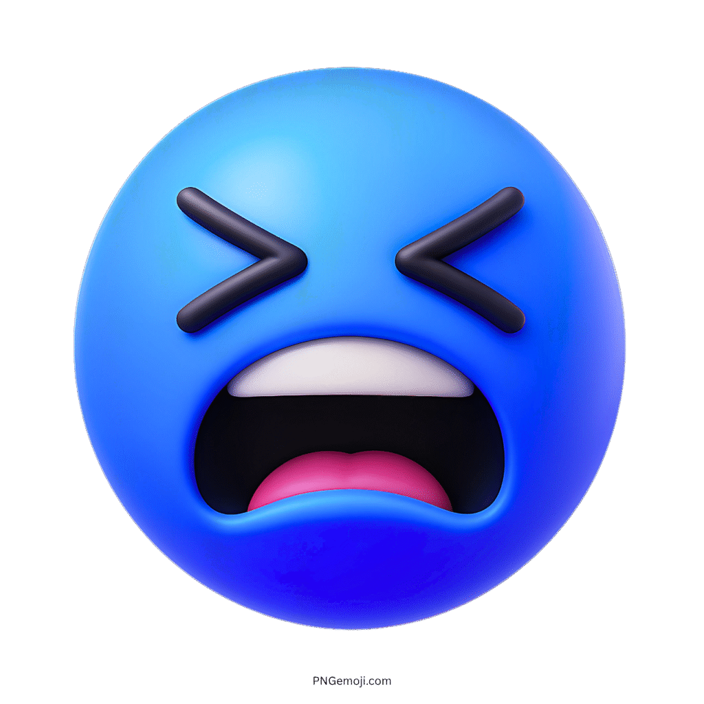 3D blue tired face emoji with closed eyes and open mouth expressing exhaustion