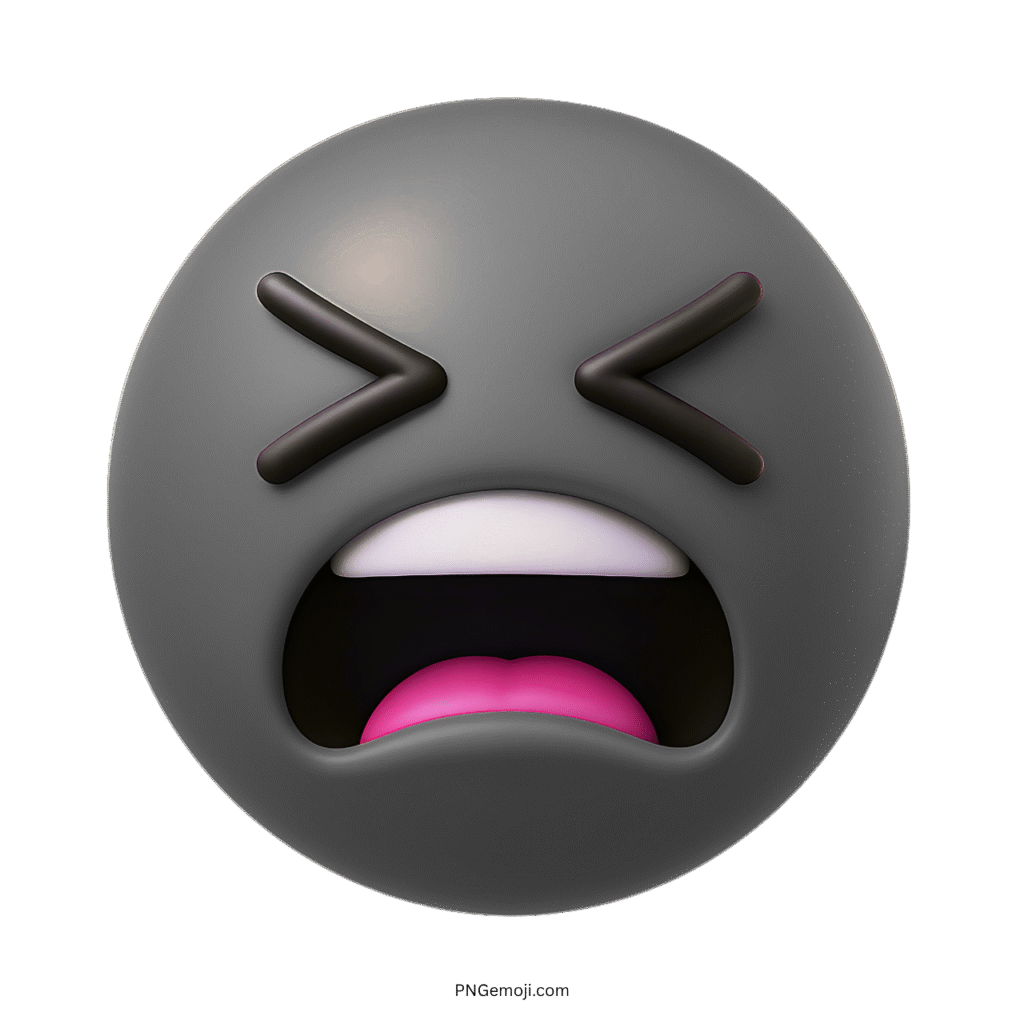 3D dark grey tired face emoji with closed eyes and wide open exhausted mouth