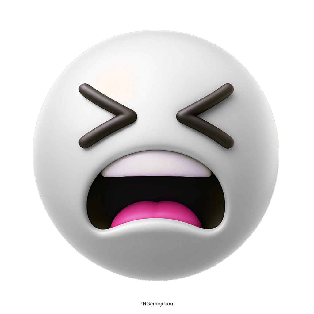3D white tired face emoji with closed eyes and wide open mouth expressing exhaustion