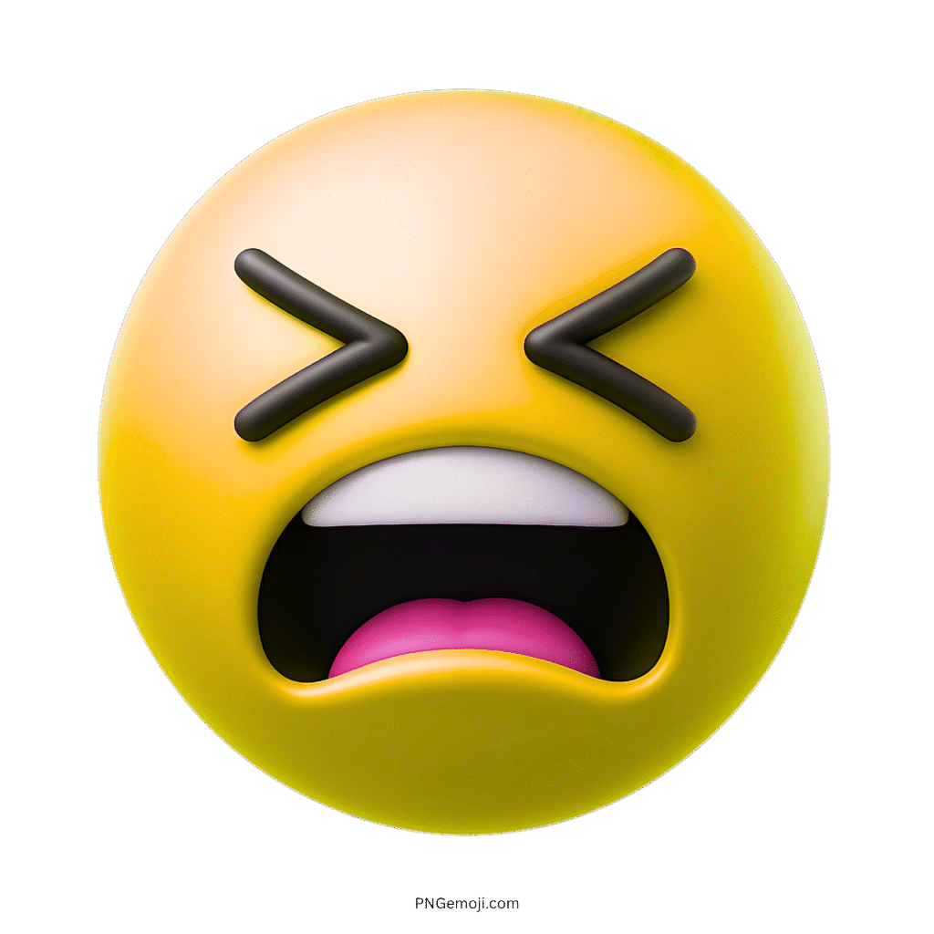 3D yellow tired face emoji with closed eyes and wide-open mouth showing exhaustion