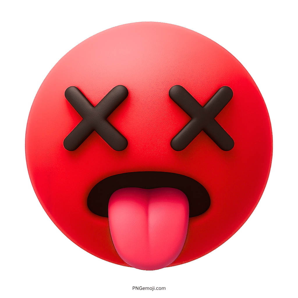 3D red tired emoji with X eyes and tongue out dramatic expression