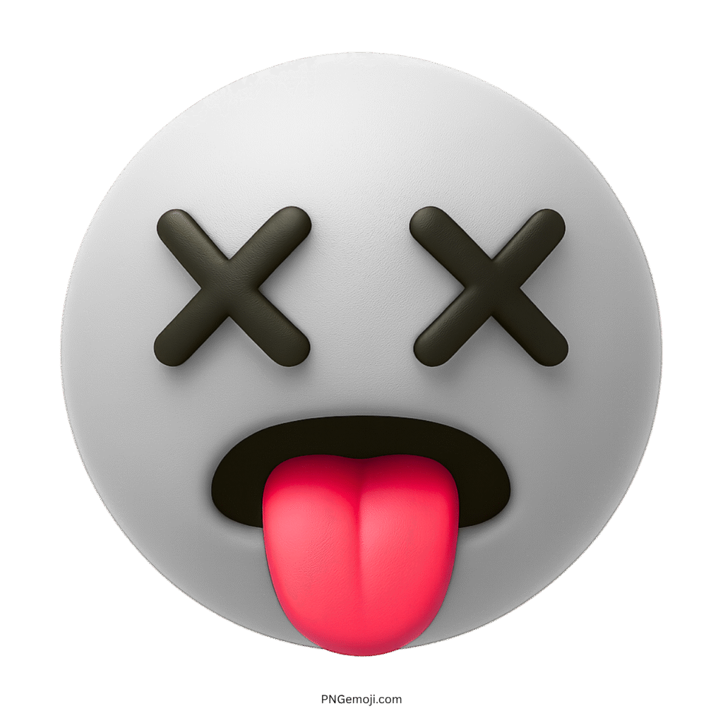 3D white tired emoji with X eyes and red tongue sticking out