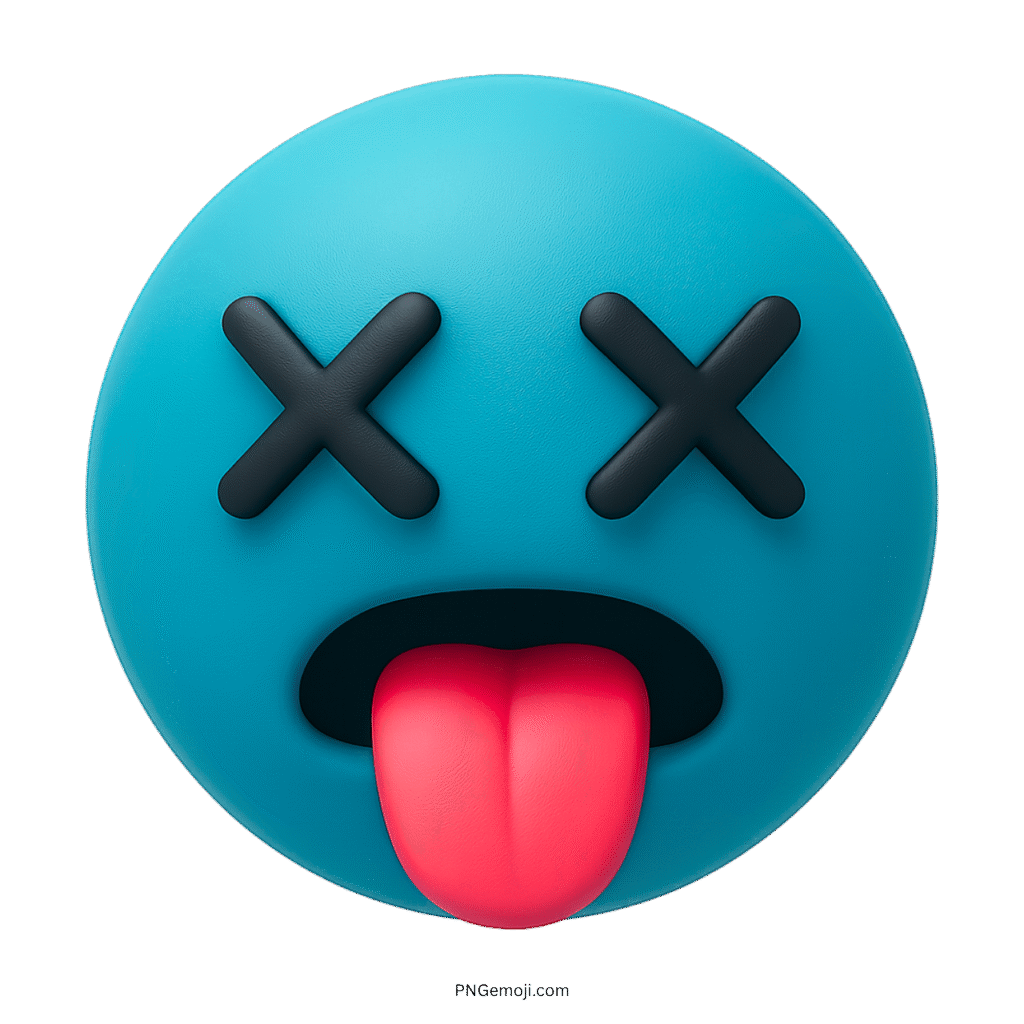 3D teal blue tired emoji with X eyes and tongue out expressing exhaustion