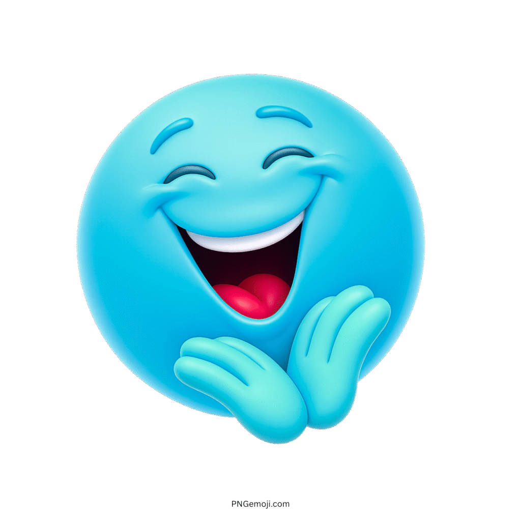 Too funny light blue emoji with wide smile and happy hand pose