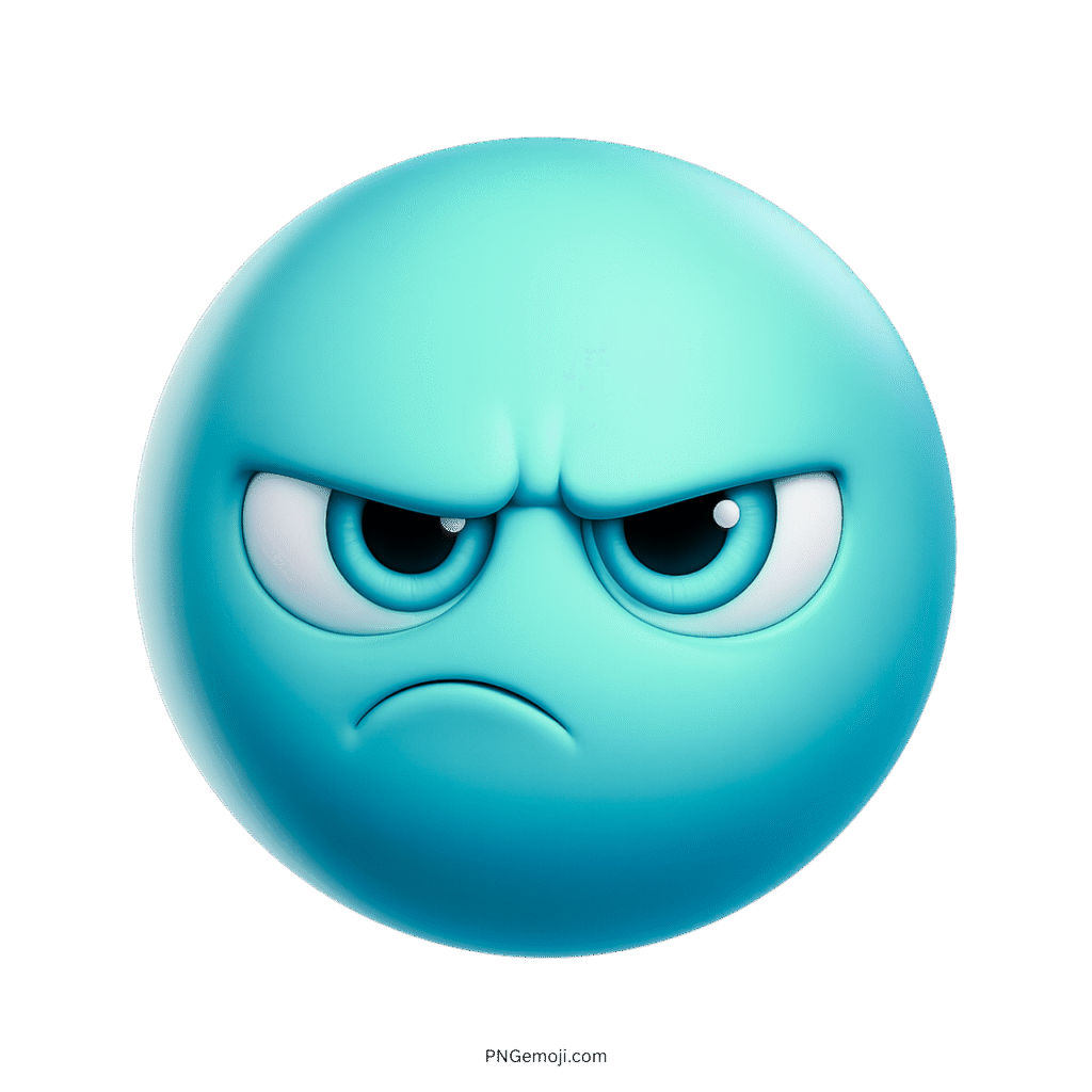Turquoise emoji face with angry frown and serious cartoon eyes showing displeasure