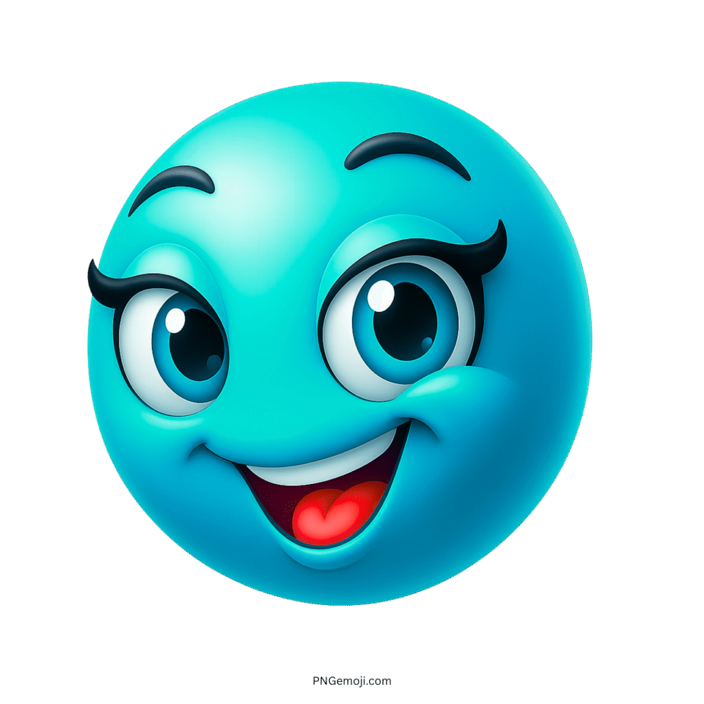 Turquoise glossy emoji with big bright eyes, playful lashes, wide smile and fun cartoon expression